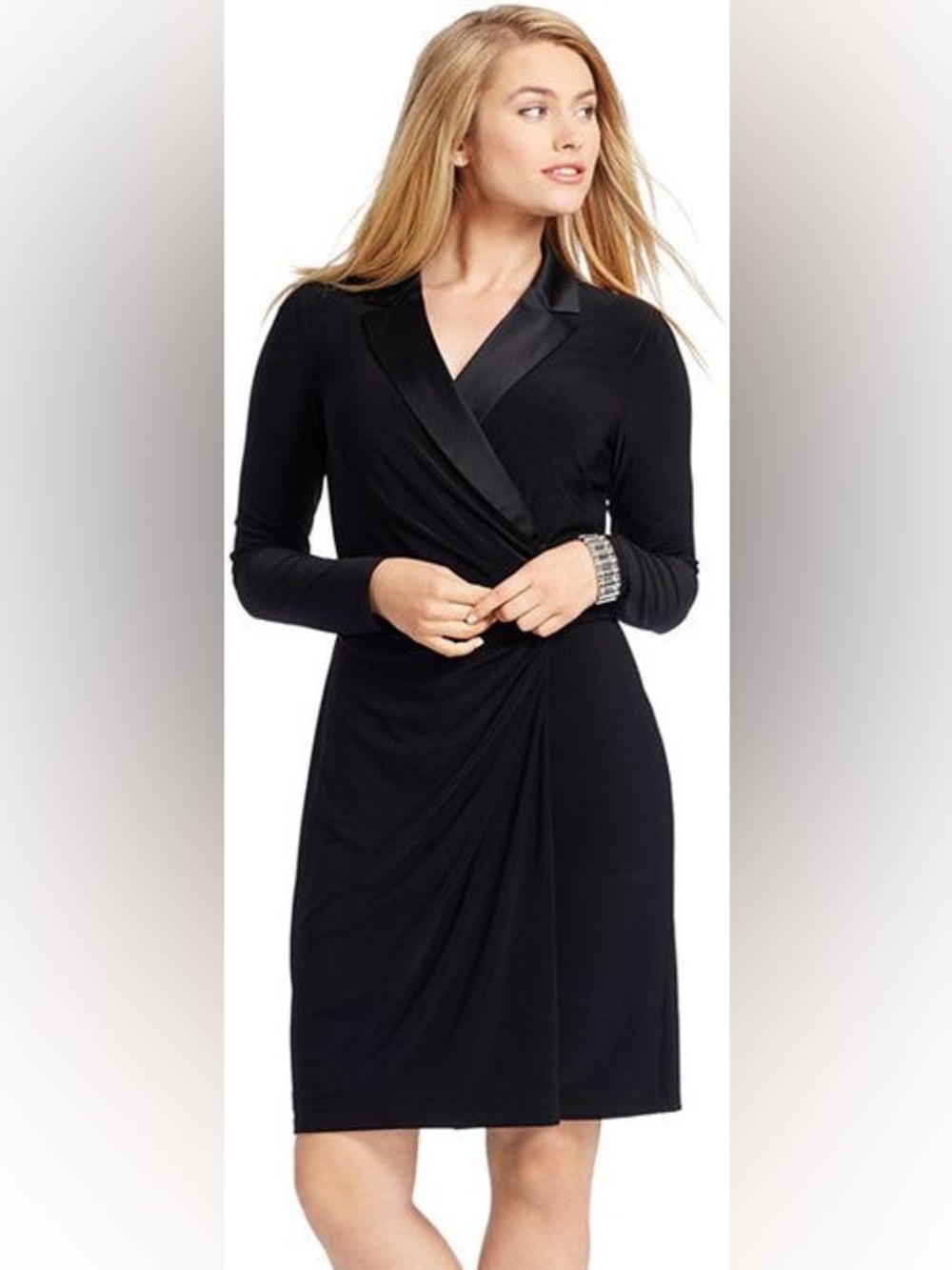 Ralph Lauren Black Faux-Wrap Tuxedo Midi Dress Size 14